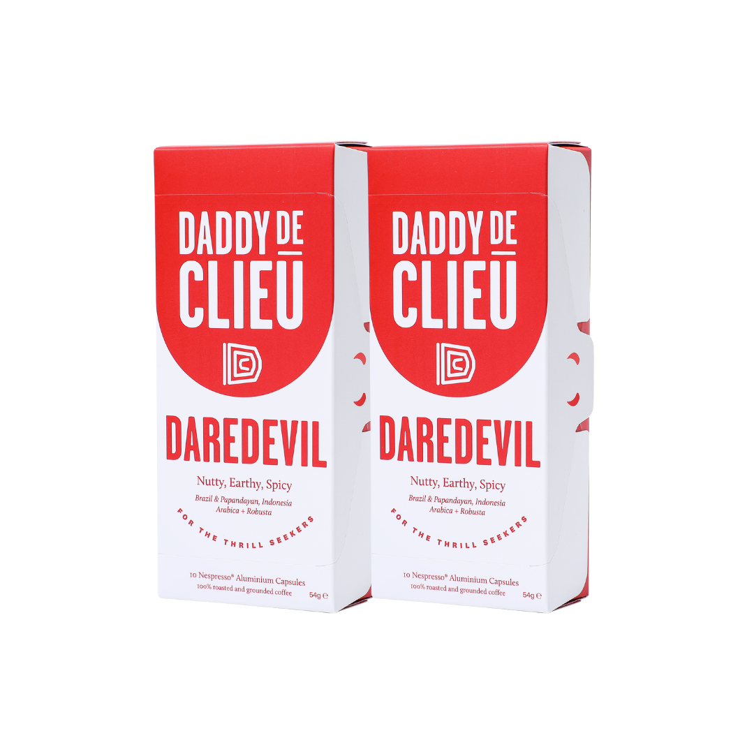 The Daredevil nespresso compatible coffee pods are inspired by those who constantly crave adrenaline and adventure. We have skillfully dark roasted an exceptional coffee from Brazil, with beans from the volcanic soils of Papandayan in Indonesia to give it that full-bodied flavour you're craving. Interlaced alongside our Indonesian Robusta gives this one more kick - just enough adrenaline punch that the Daredevil craves. best for black espresso or lungo coffee and goes well with milk too.